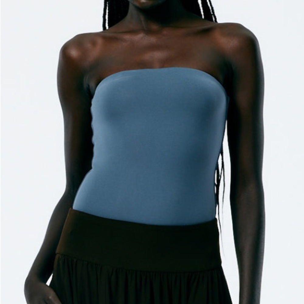 Tibi Nitro Jersey Strapless Bodysuit Blue Grey Bodycon Top